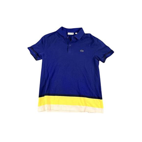 Lacoste Men's Medium Blue Yellow Colorblock Polo Shirt Slim Fit Cotton Pique * - Picture 1 of 9